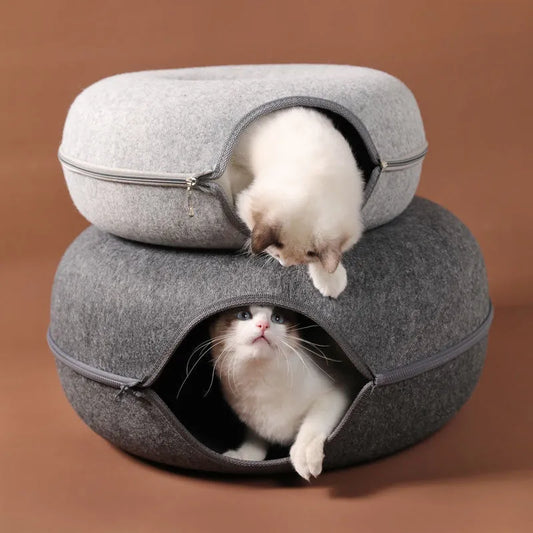 "Indulge Your Kitty's Playful Side with our Dual-Use Donut Cat Bed and Tunnel - The Perfect Blend of Comfort and Interactive Fun for Your Feline Friend!"